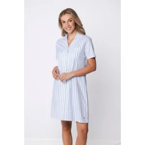 Pastunette dames nachthemd: Blauw gestreept, Doorknoop model, Korte mouw ( PAS.164 )