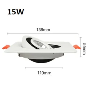 Inbouwspot zaagmaat 110mm dimbaar vierkant kantelbaar 15W LED Wit Normaal Wit