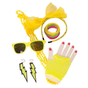 Neon Gele Accessoireset voor Dames – Bril, Diadeem, Oorbellen, Ketting & Handschoenen – Festival