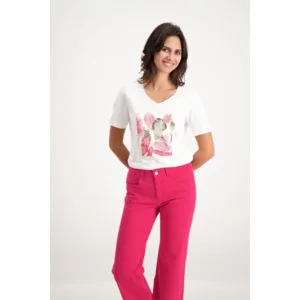 Signe nature T-shirt: Ecru / Fushia, Korte mouw ( Signe.1224 )