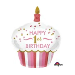 Folieballon 1st Happy birthday roze cupcake