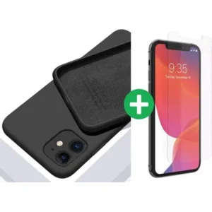 iPhone case/hoesje silicone  + 1x screenprotector glas Zwart iPhone 11