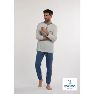 Eskimo Heren Pyjama: Barry, lange broek / mouwen ( ronde hals met pat en knopen )