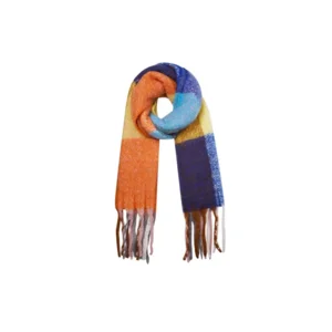 warme wintersjaal in blokkleuren oranje paars blauw geel