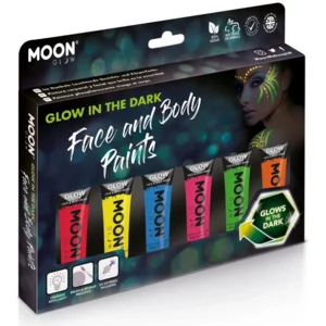 Glow in the dark UV Face en Body Paint 6x12ml -incl. kwastje, sponsje en mini blacklight