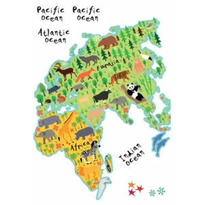 Wereldkaart muursticker  met dieren-18-delig