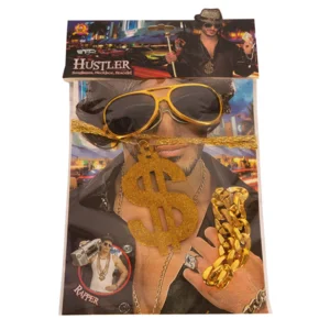 Rapper accessoires verkleedset bestaande uit een dollar ketting, een bril en een armband.