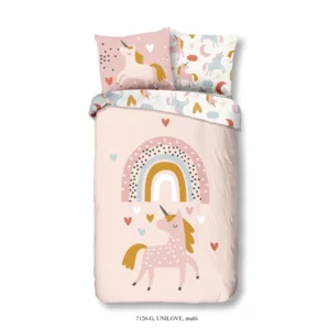 Kinder dekbedovertrek Rainbow Unicorn LOVE oud roze