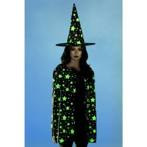 Kostuum - Cape & hoed - Heks - Sterren - Glow in the dark - M/L