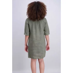 Signe Nature Dames kleed: Linnen, Kaki, korte mouw ( Signe.1377 )