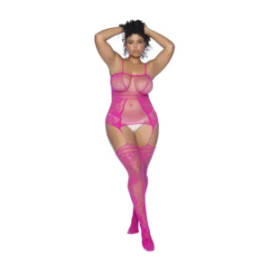 Mapalé Roze Bodystocking Met Visnet Halslijnen & Bandjes