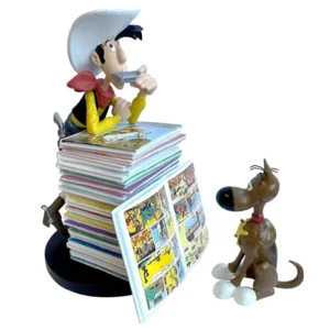 Lucky Luke met stapel stripboeken - Beeldje in kunsthars