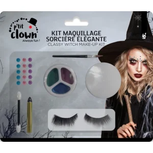 Halloween Make‑Up Kit Pretty Witch — 3 Oogschaduws, Strass‑steentjes, Oogpotlood, Make‑upspons, Foam Applicator, Valse Wimpers, Make‑upkwast