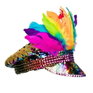 Opvallende Regenboog Paillettenpet met Veren – Het Ultieme Party Accessoire