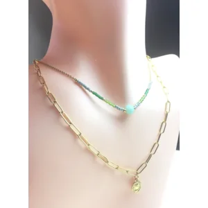 Goud Stainless steel ketting double layer green