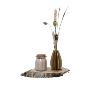 Houten Vaasje met Droogbloemen en Glaasje met Kaarsenzand - Beige