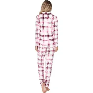 Pastunette dames Pyjama: Rode carree, Fleece, doorknoop model ( PAS.182 )