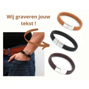 gevlochten armband donkerbruin leer incl. graveren