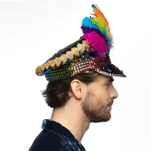 Opvallende Regenboog Paillettenpet met Veren – Het Ultieme Party Accessoire