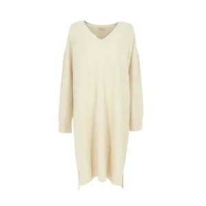 Signe Nature Kleed: Ecru, gebreid V hals ( SIGNE.1114 )