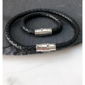 Zwart leren heren armband - incl. graveren