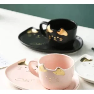 Creative cat ceramic coffee/thee mug and plate - roze