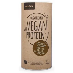 Purasana vegan protein hennep, rijst, erwt, zonnebloem en pompoen cocoa chocolade smaak 400 gram
