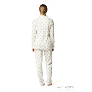 Egatex Dames pyjama interlock: Wit / zwart, Doorknoop ( EGA.387 )