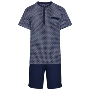 Pastunette heren pyjama: Blauw, ronde hals met pat en knopen PAS