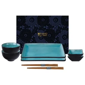 Koffer Sushi Servies – 8-delig van 2 borden schaaltjes kommen met chopsticks Turquoise van Tokyo Design Studio