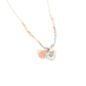 Zilver Stainless steel ketting roze edelsteentjes en pareltje