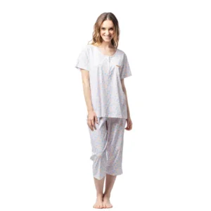 Egatex Dames Pyjama: Ecru / oranje, Korte mouw + 3/4 broek ( EGA.404 )