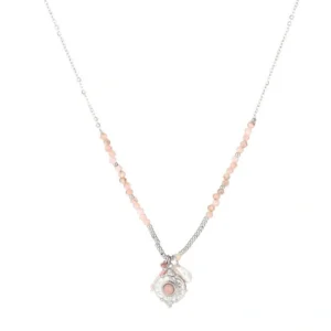 Zilver Stainless steel ketting roze edelsteentjes en pareltje