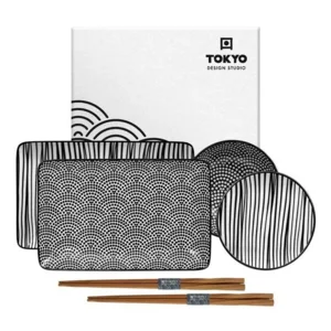 Nippon Black Sushi Set 4-delig + chopsticks, Lines&Dots, geschenkset, Tokyo Design Studio