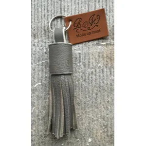 Floche sleutelhanger handgemaakt - 100% Leder Grijs / Wit L - 12cm