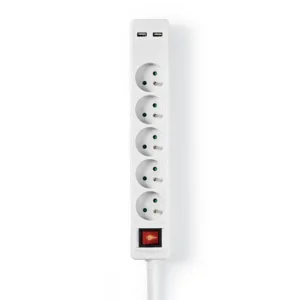 Stekkerdoos met schakelaar - 1,5 meter - 5 stopcontacten - 2 x USB - Verlengkabel Indoor Neopreen - 3G1,5mm² - IP20 - Penaarde - Wit