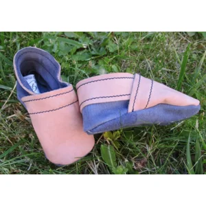 Hangemaakte slofjes met anti-slip zool - 100% Leder Vieux roze / Blauw 18