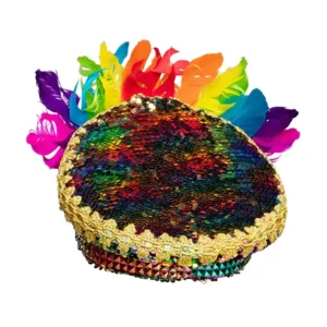 Opvallende Regenboog Paillettenpet met Veren – Het Ultieme Party Accessoire