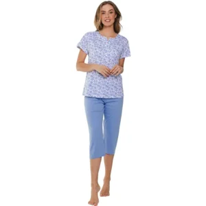 Pastunette Dames pyjama: korte mouw / capri broek, blauw / ecru ( PAS.106 )