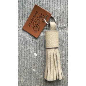 Floche sleutelhanger handgemaakt - 100% Leder Beige / Grijs M - 9cm