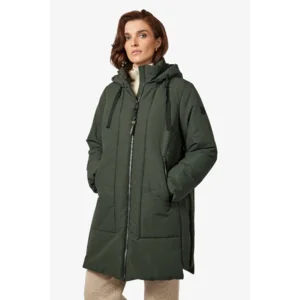Frandsen Winterjas Dames: Kaki, lang model, afneembare kap, tot maat 52 ( FRA.19 )