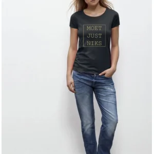 Moet Just Niks Dames Zwarte/Bordeaux t-shirt met Gouden Opdruk