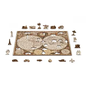 2 in 1 Puzzel - Antieke Wereldmap - met figuurtjes - Wooden City