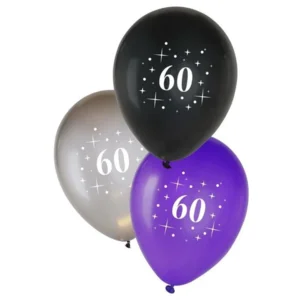 Ballonnen - 60 jaar - Metallic - Zwart,zilver & paars - 30cm - 6st.
