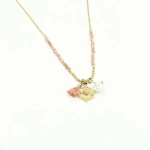 Gouden Stainless steel ketting roze edelsteentjes en pareltje