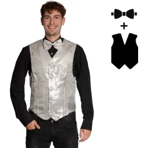 Gilet & vlinderstrik - Disco - Zilver - Glanzend - XXL