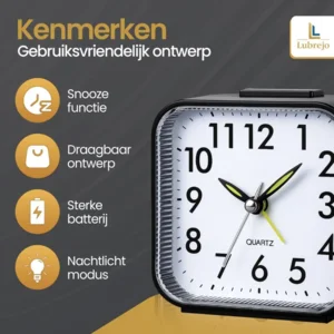 LUBREJO® Traditionele Analoog Wekker Pro - Zonder Tikgeluid - Opbouwend Alarmsignaal - Eenvoudige Bediening - Senioren - Zwart - Voor de Slaapkamer