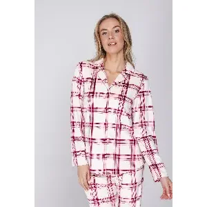 Pastunette dames Pyjama: Rode carree, Fleece, doorknoop model ( PAS.182 )