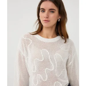 Esqualo Dames zomer trui: Wit, grof gebreid, 3d banden ( ESQ.327 )
