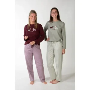 Perlina Dames Pyjama: Valentina A, Bordeaux of Groen, Interlock Brushed ( LIN.156 / LINA.157 )